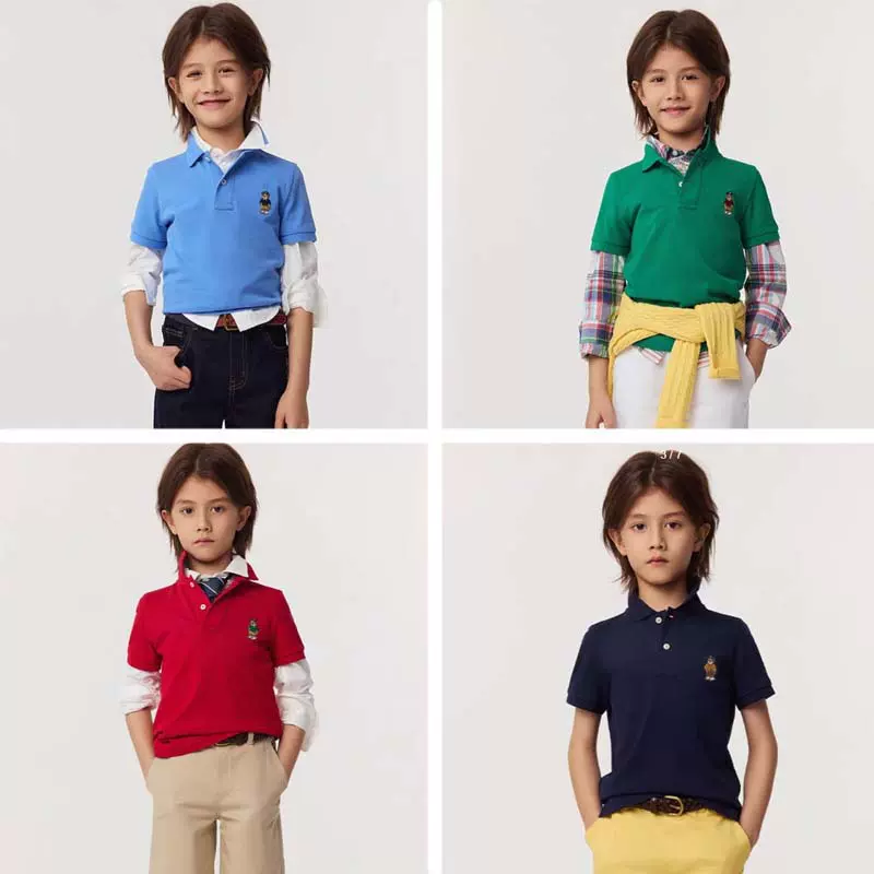 25夏季新款中大童polo衫翻领学院风男女童纯棉卡通印花小熊童T恤