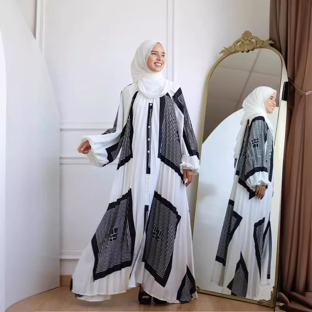 Middle East Muslim High-end Feminine Fashion With Lantern Sleeves, Printed Pleated Long Robe Dress_ecoleips.com