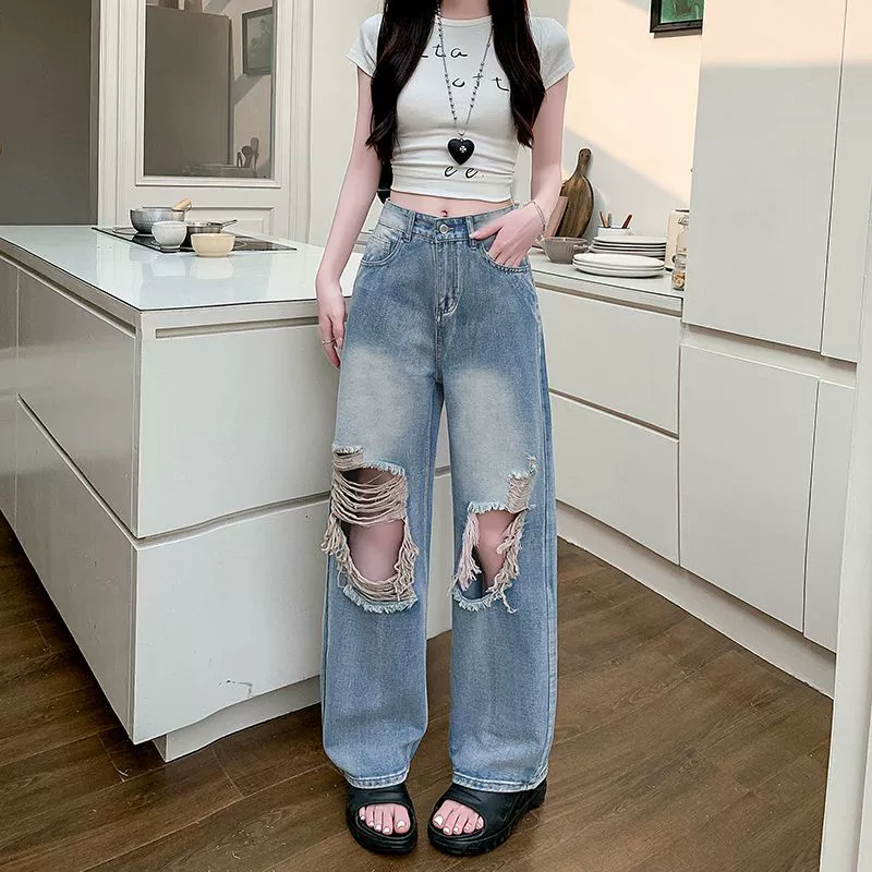 Новые женские рваные широкие джинсы, новые летние свободные утягивающие прямые джинсы с высокой талией, модные