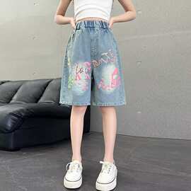 女童韩版休闲字母印花牛仔裤夏季薄款牛仔中裤新款中大童牛仔裤子