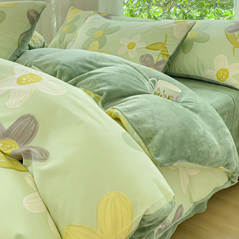 Juego de cuatro piezas de terciopelo de leche de algodón puro 2023 nuevo otoño e invierno más funda de edredón de sábana de terciopelo de coral juego de tres piezas