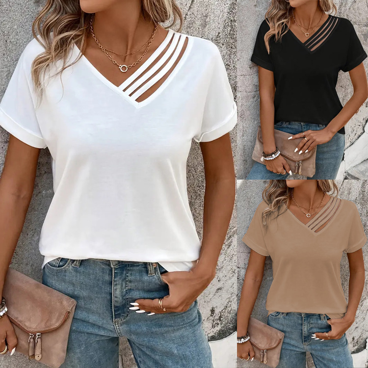 2025 New Summer European and American Women's V Neck Slim Short-Sleeved Cross Pocket Collar Top