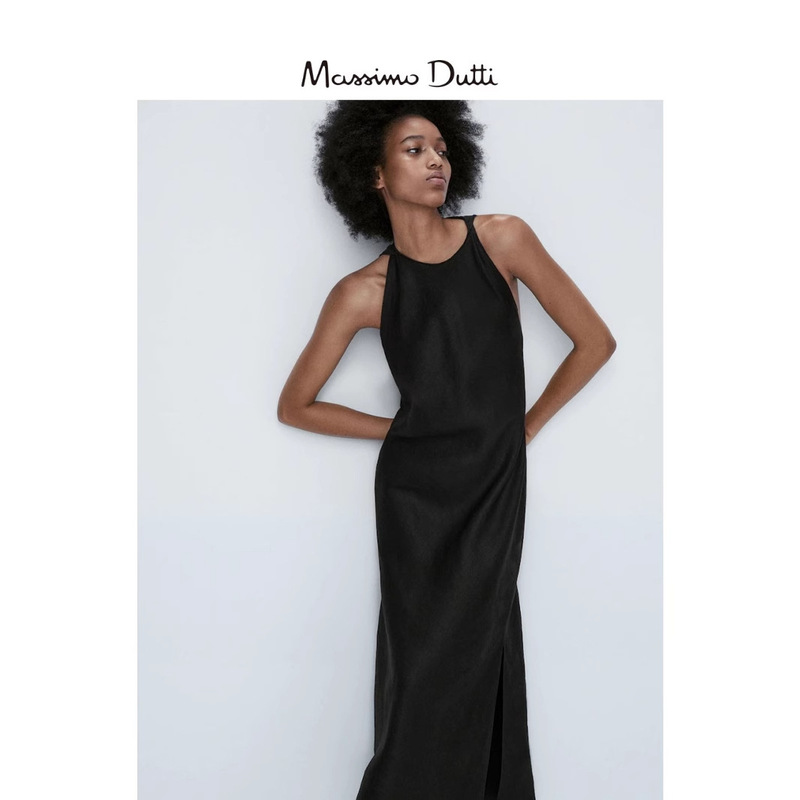 Massimoduti Women's Clothing 2026 Spring and Summer New Slim-Fit Suspender Slit Long Sleeveless Dress Little Black Dress