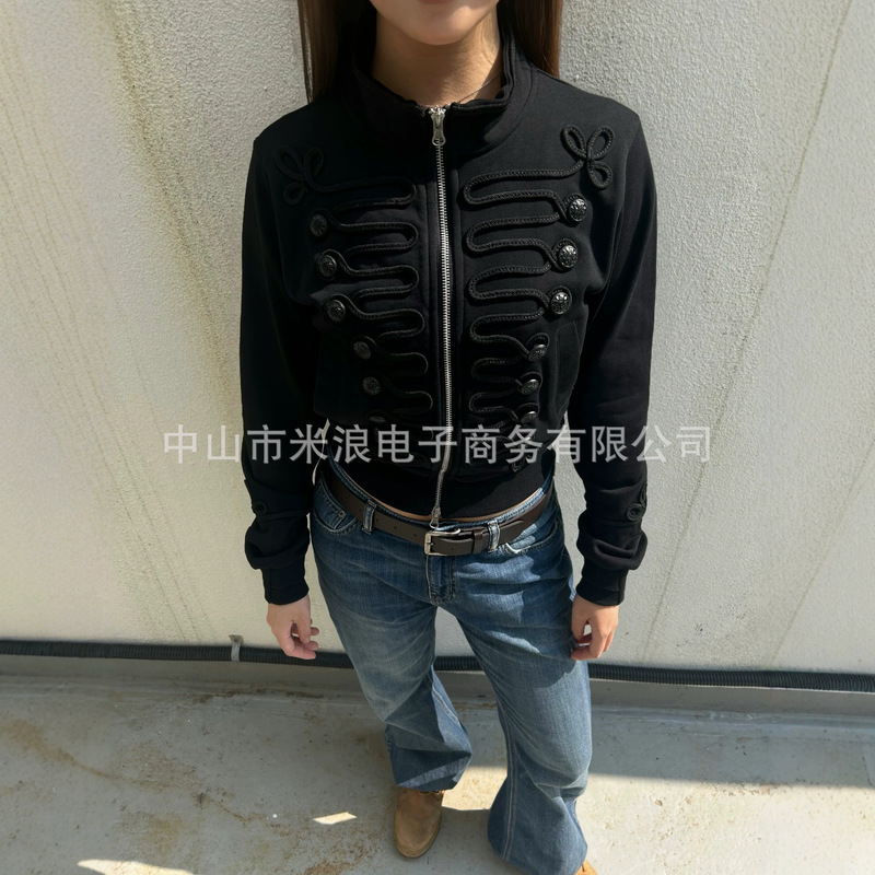 American-Style Dark Gothic Court-Style Short Jacket with a Unique Design, Stand-Up Collar, Slim Fit, and High-End Feel