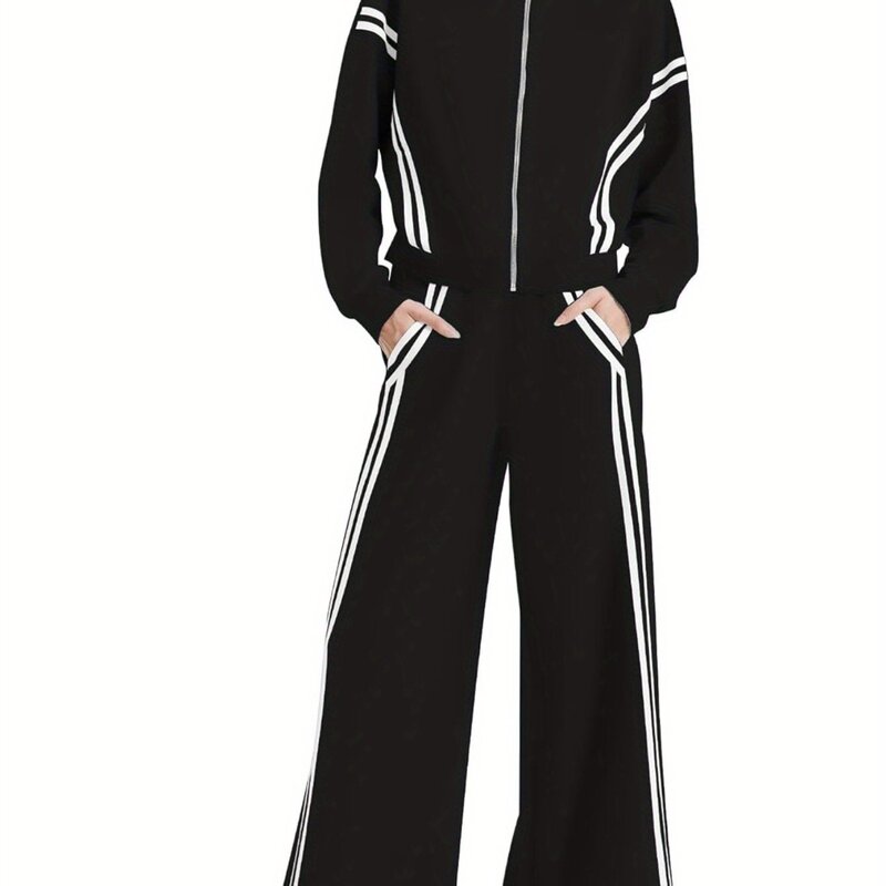 Women's 2 Piece Outfits Zip Up Sweatshirt Contrast Striped|undefined