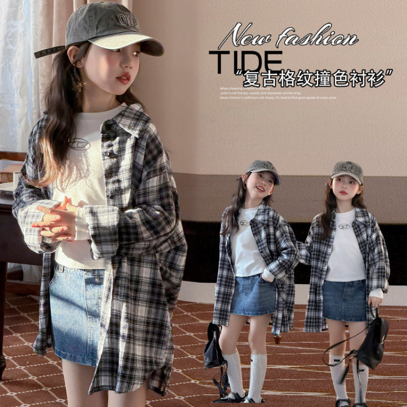 Zhili children's clothing spring new style all-cotton black and white checkered shirt girls' jacket stylish, fashionable, casual and loose children's top