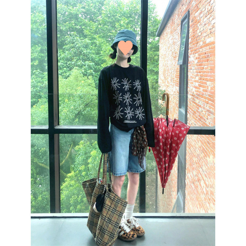 美式复古太阳花黑色长袖T恤女早秋季2025新款纯棉宽松慵懒风上衣|undefined