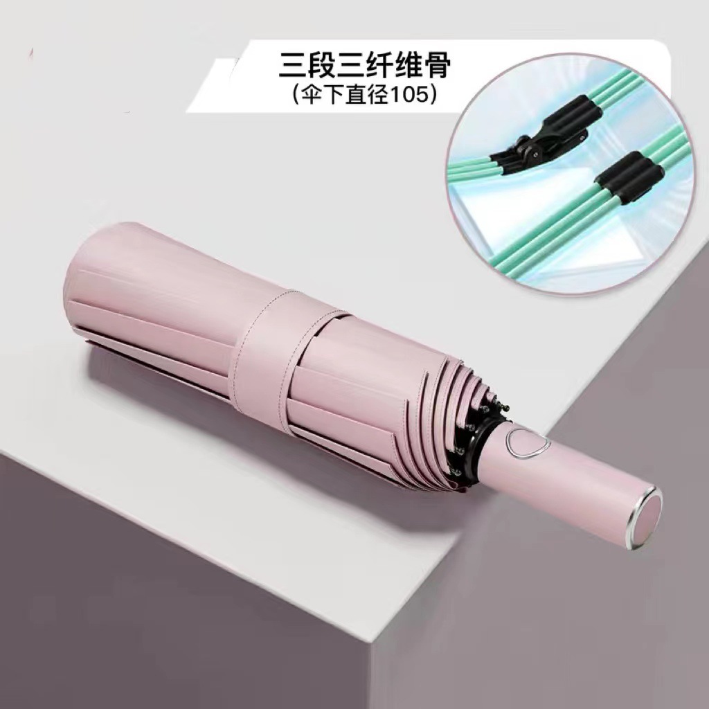 Paraguas totalmente automático para mujer, paraguas de tres pliegues, revestimiento negro, doble uso para sol y lluvia, paraguas parasol, protección UV, paraguas para el sol, paraguas publicitario