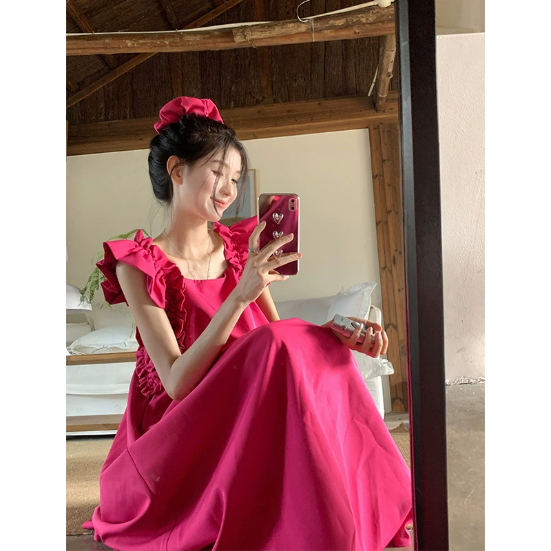 Летнее женское платье свободного кроя с квадратным вырезом, короткими летящими рукавами, высокого качества, цвета розовой розы, в стиле французской длинной юбки.