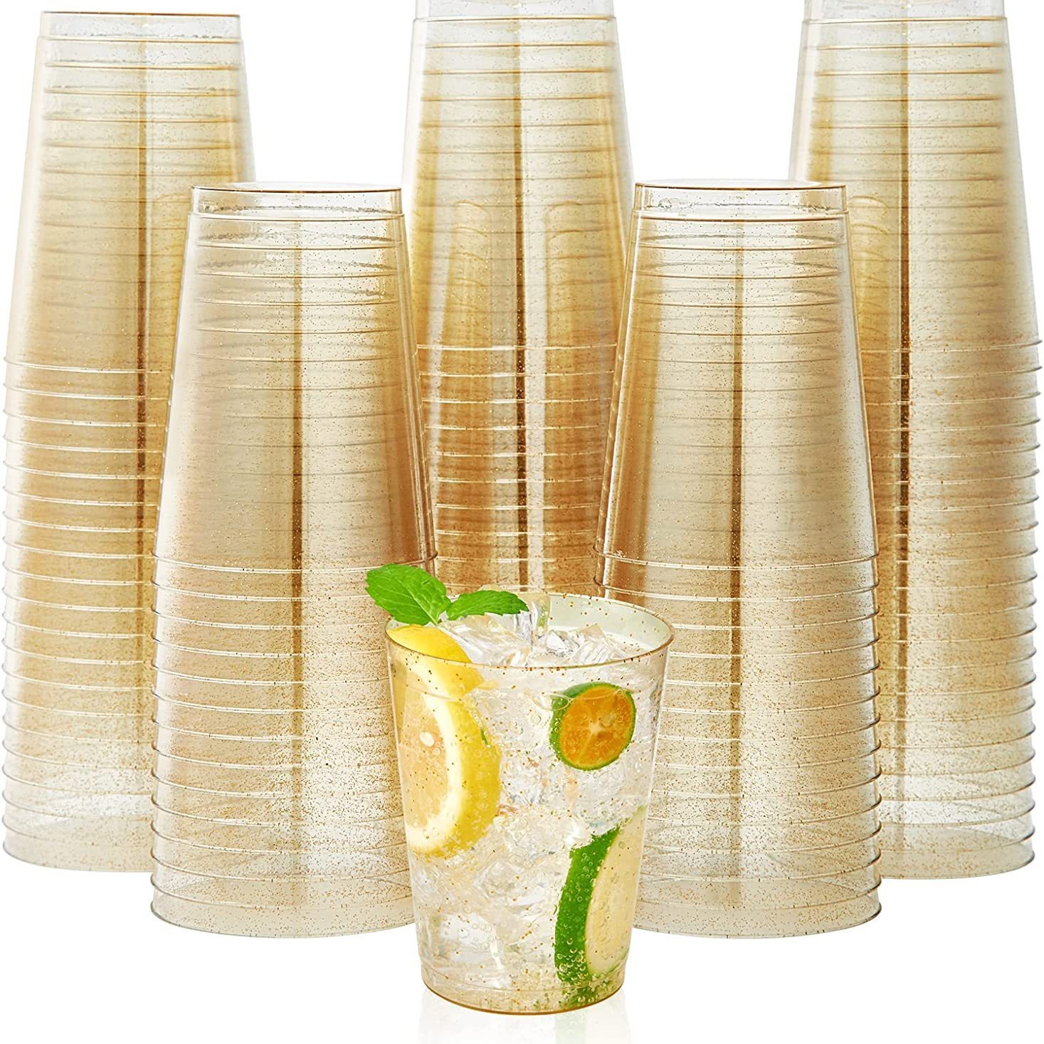 Fábrica al por mayor 10oz brillo oro polvo plata oro rosa polvo taza de plástico taza de oro desechable Copa de oro