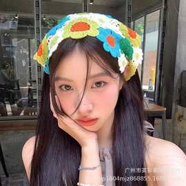 泫雅钩花镂空三角头巾帽子女花朵可爱森系甜美手工针织发带潮