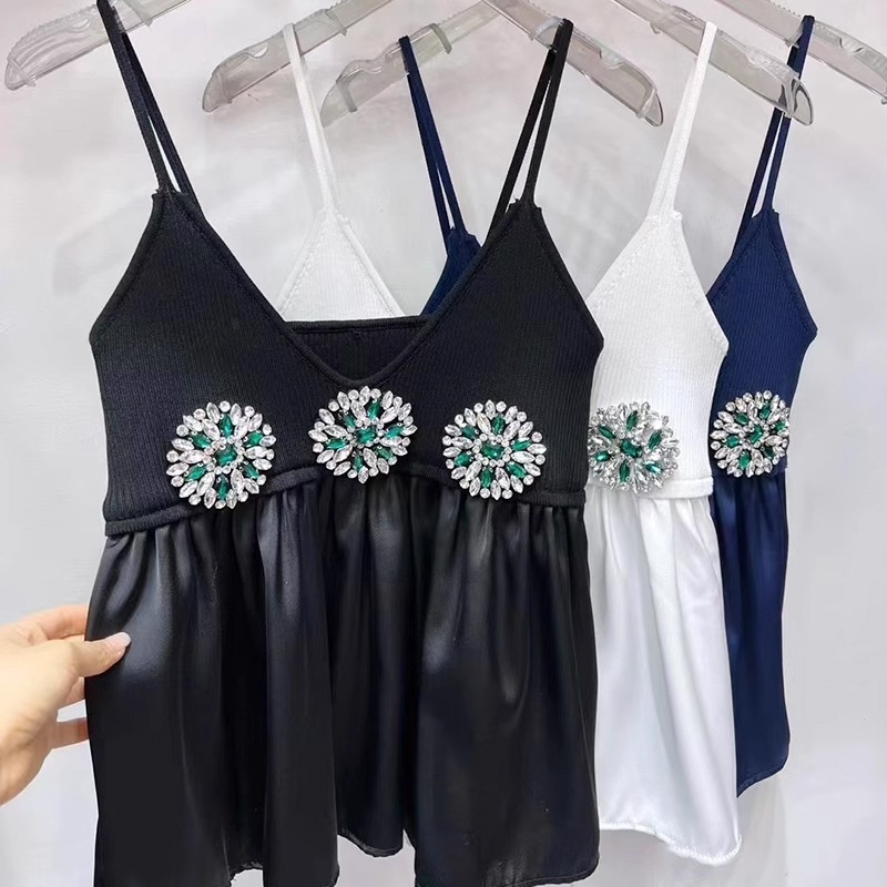 Chanel Style Summer New French Retro Style Heavy Industry Beaded and Diamond Camisole Vest V-Neck Fluffy Hem Top