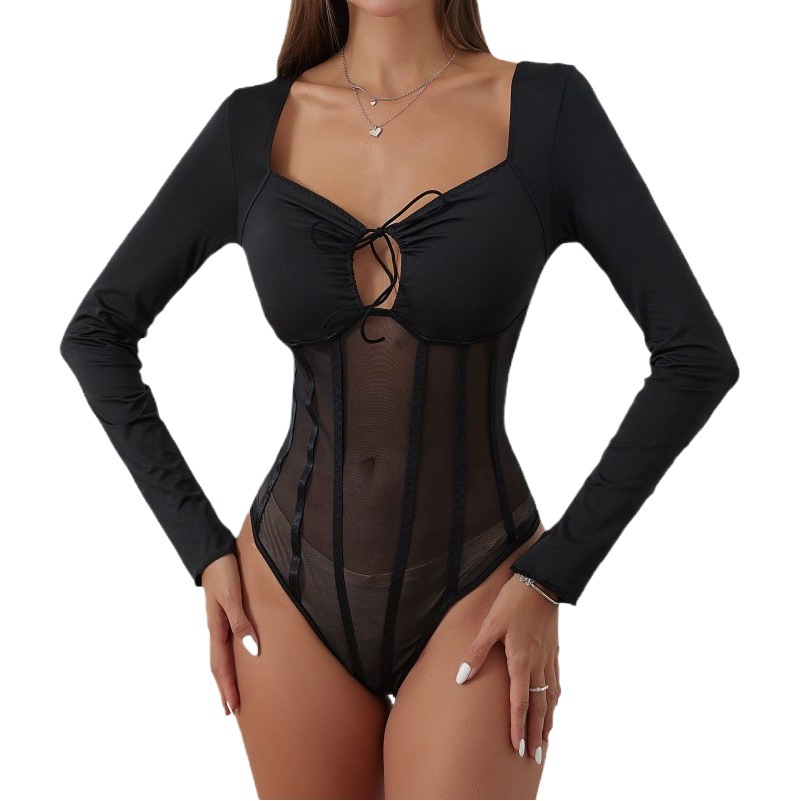 Colección Otoño 2024, Body de Encaje Transparente Ajustado de Manga Larga con Corsé con Aros, Estilo Europeo y Americano, Estilo Urbano Único