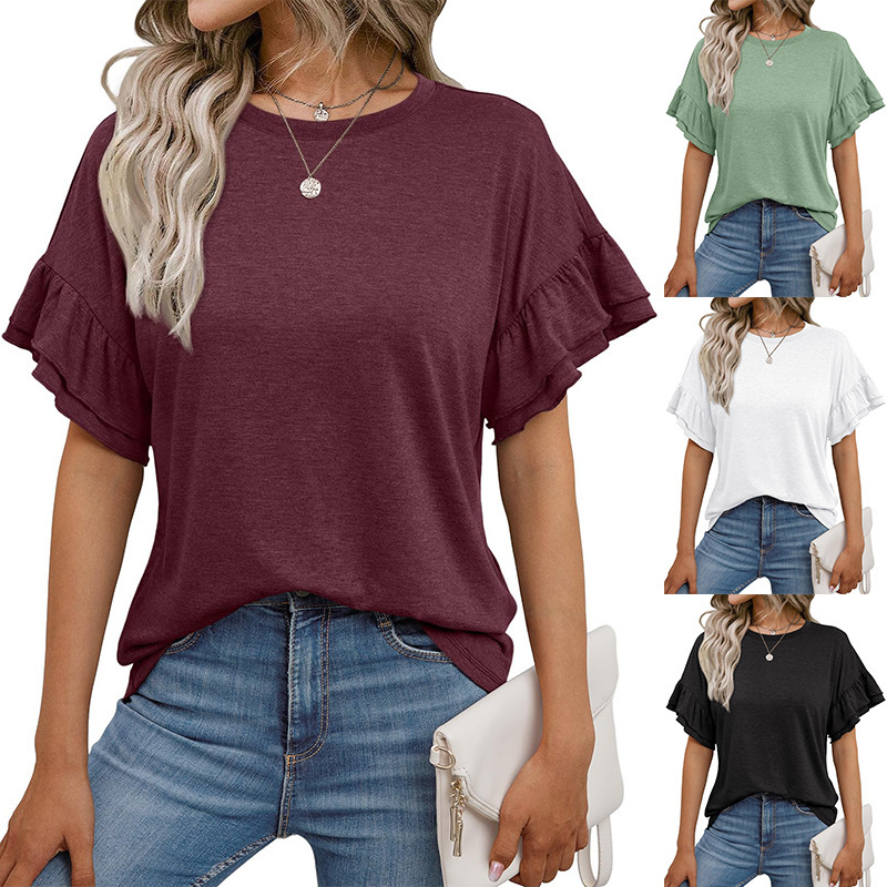Amazon Women's Clothing European and American Cross-border 2025 Spring and Summer New Solid Color Round Neck Lotus Leaf Sleeve Short Sleeve T-shirt Top