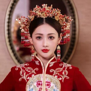 Golden Empress queen cosplay headdress ancient XiuHe Chinese wedding bridal hair accessories wedding costume bride photos shooting headdress 