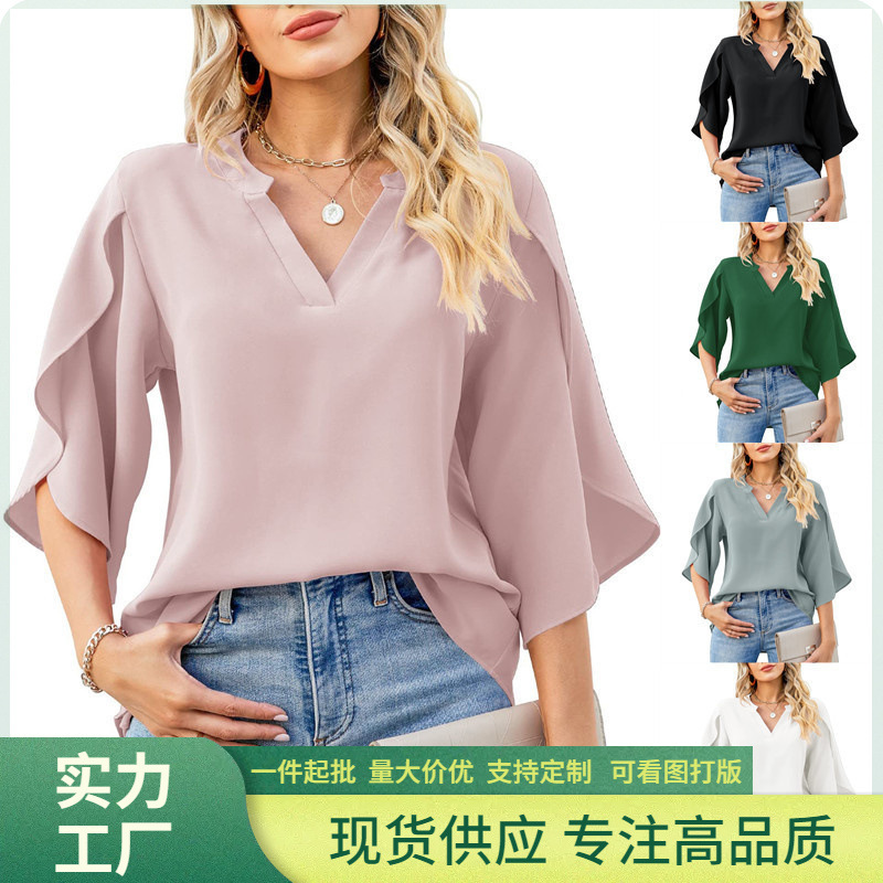 2024跨境亚马逊夏季新款欧美女式时尚花瓣袖上衣宽松V领雪纺衬衫