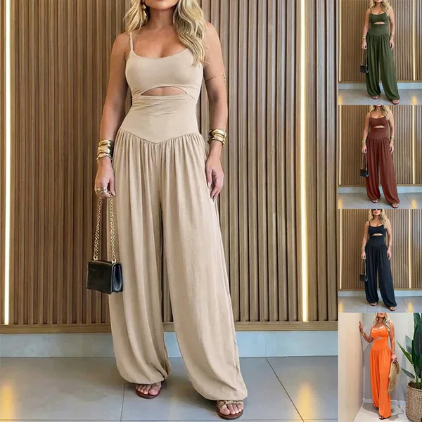 Cross-Border Hot-Selling 2026 Independent Site Amazon European and American Women's Summer Hollow-Out Sleeveless Strap Wide-Leg Jumpsuit Women's Clothing
