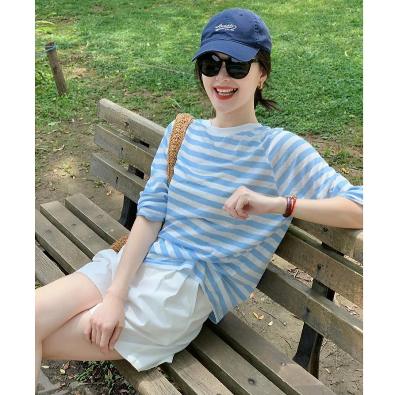 韩系蓝色条纹长袖防晒T恤女夏季小个子宽松外搭薄款空调罩衫上衣|undefined