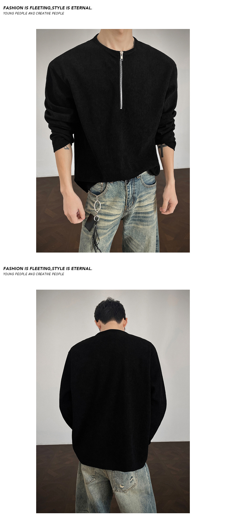 American Style Corduroy Half Zip Henley Long Sleeve T-shirt_voghion.com