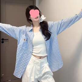 腊肠狗刺绣蓝色格子衬衫女开春穿搭长袖衬衣高级感轻薄防晒外套潮