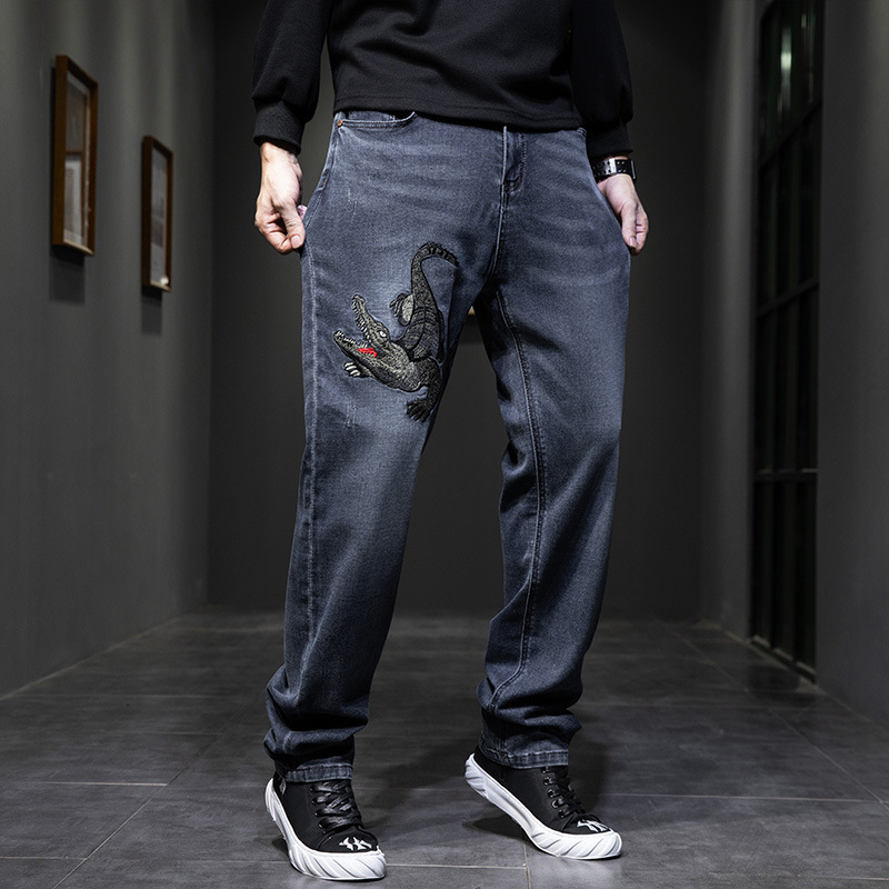 2026 Crocodile Embroidery Men's Jeans, Loose Straight Fit, Large Size, Stretchy, Spring and Autumn Style