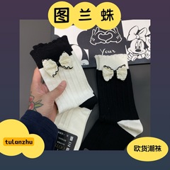 2025秋冬新款袜子女欧货个性潮袜花边蝴蝶结甜美日系学院风中筒袜