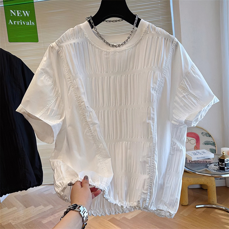 2026 Summer New Style Plus-Size Fashion Design Pleated Patchwork Stylish Casual Short-Sleeve T-Shirt for Women