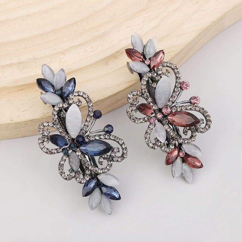 女士复古水晶蝴蝶发夹合金水钻弹簧夹发卡马尾侧刘海装饰时尚头饰