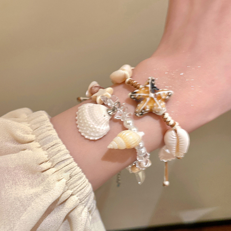 Concha, concha, estrella, piedra natural, cerámica, pulsera de perlas, pulsera de estilo de vacaciones junto al mar, joyería de todo fósforo fresca y de moda
