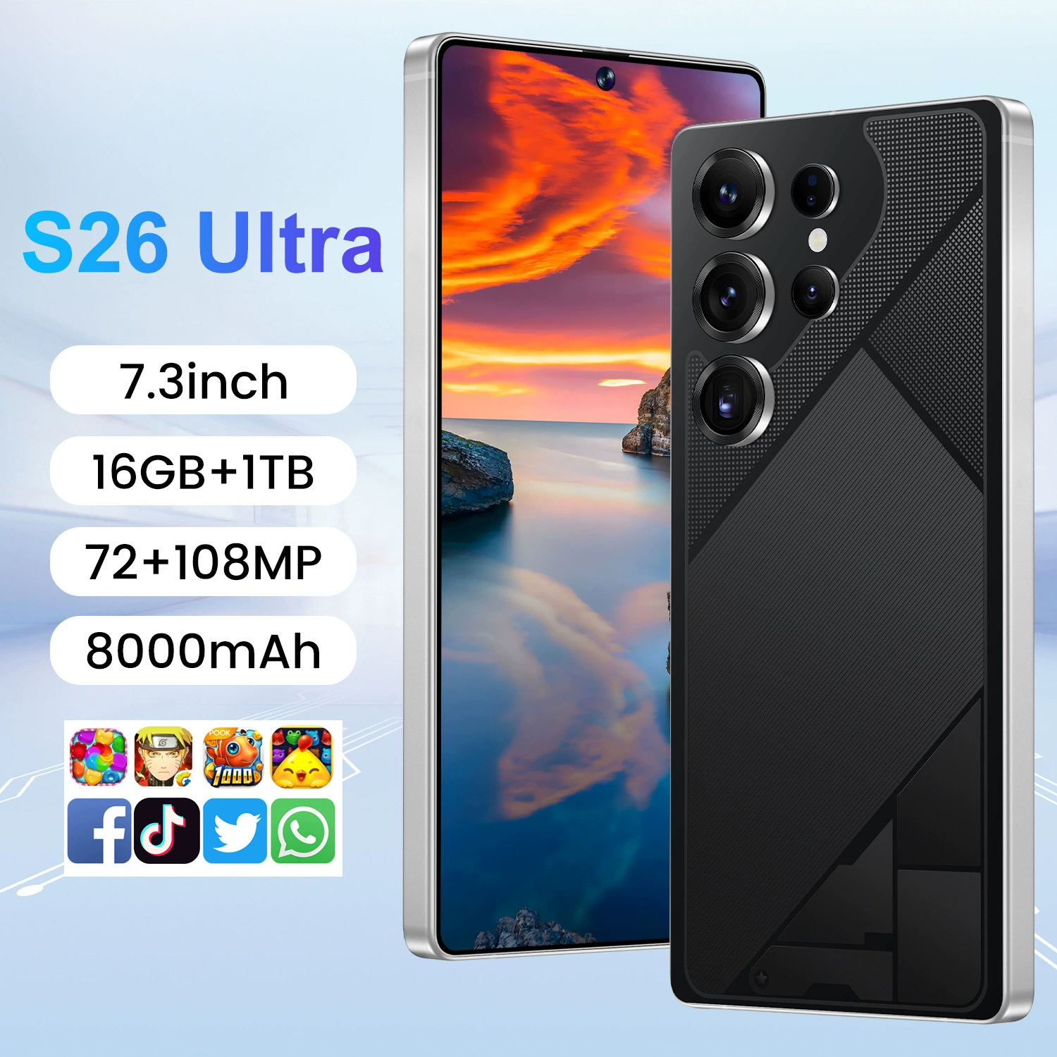 Смартфон S26 Ultra, 7.3-дюймовый AMOLED, 16ГБ + 1ТБ, 108МП + 72МП, 8000 мАч, 5G