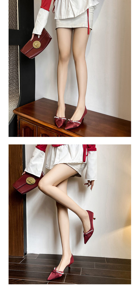 Giày cao gót mũi nhọn vải satin thắt nút xoắn, gót nhọn, hở bên — Màu trắng be, Màu đen, Màu đỏ rượu chi tiết 6