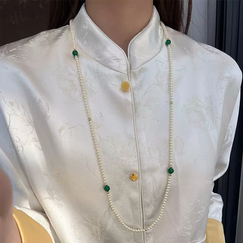 玻璃珍珠新中式绿玉髓项链轻奢一款多戴气质网红时尚加长款毛衣链