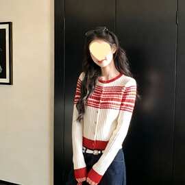 韩版英伦风撞色条纹毛衣针织开衫女春季新款修身圆领短款外套上衣