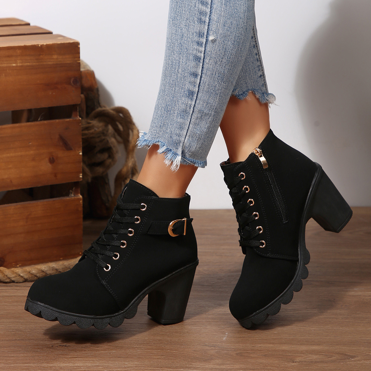 ShoeVault Women's Leather Low-Cut Chunky Round Toe High Heel Lace-Up Brown Ankle Boots Spring Autumn Plus Size Height Increasing_vogvips.com