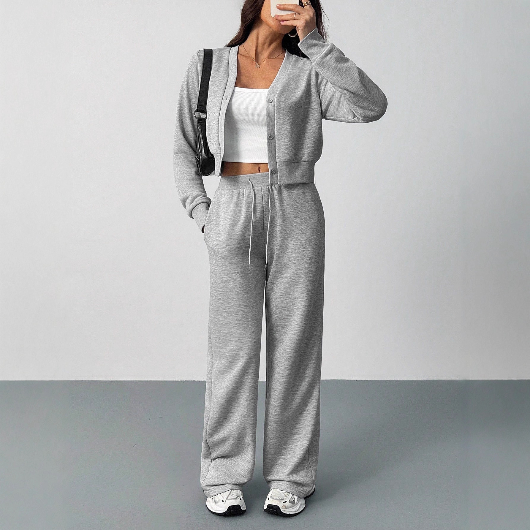 European and American Cross-Border Amazon Autumn and Winter New Women's Solid Color Short Cardigan Sweatpants Casual Suit