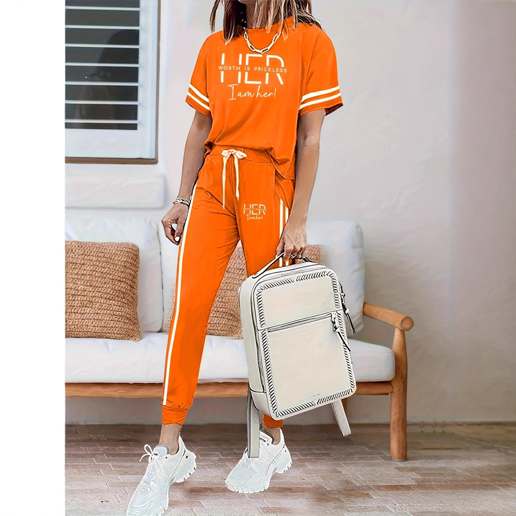 Women's Clothing Spring Summer Two Piece Set Round Neck Short Sleeve High Waisted Side Pocket Pants_voghion.com