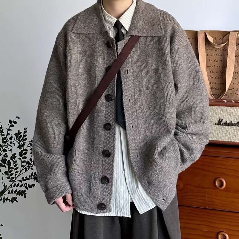 Spring New Japanese Retro Old Money Style Men's Turn-Down Collar Knit Cardigan Jacket, Solid Color, Simple and Versatile, Lazy Sweater Spring New Japanese Retro Old Money Style Men's Turn-Down Collar Knit Cardigan Jacket, Solid Color, Simple and Versatile, Lazy Sweater