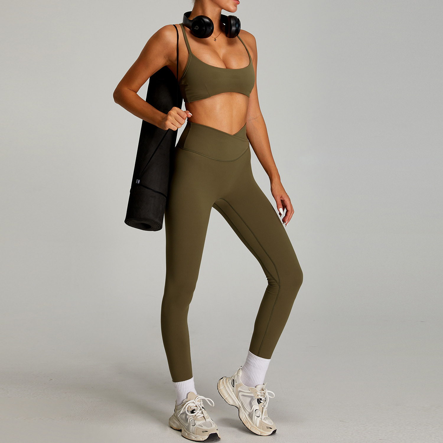 Traje de ropa de yoga desnuda de cintura alta cruzada transfronteriza, ropa de fitness ajustada de secado rápido para mujer, traje de carrera para deportes al aire libre