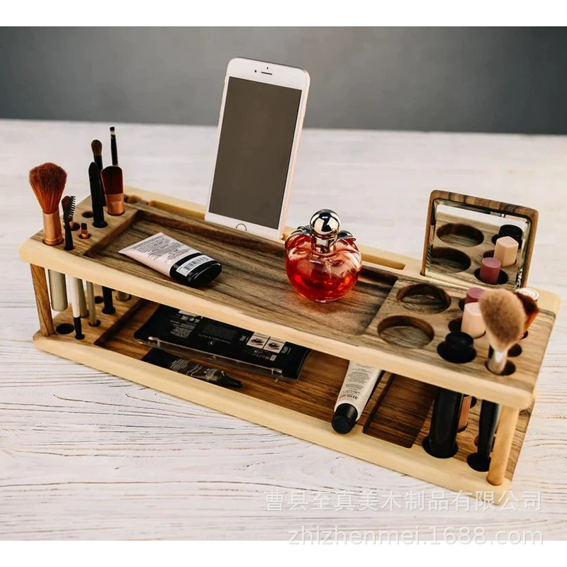 Бамбуковая стойка для хранения косметики Средства по уходу за кожей Карандаш для бровей Кисть для макияжа Зеркальная основа Туалетный столик Настольная органайзер для хранения
