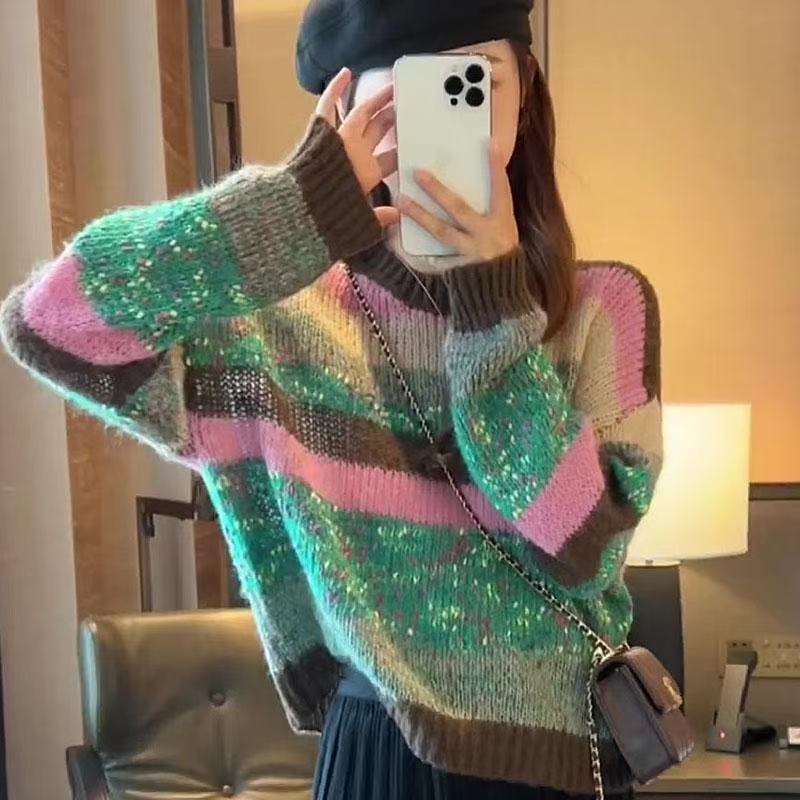 彩虹色条纹减龄毛衣女套头2025秋冬季新款撞色软糯慵懒宽松针织衫|undefined