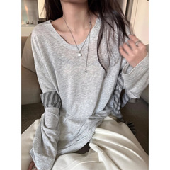 3222 # superniniyy私服天糸大tシャツUネックの毛の縁のデザインがゆったりしている長袖の底のシャツの上着
