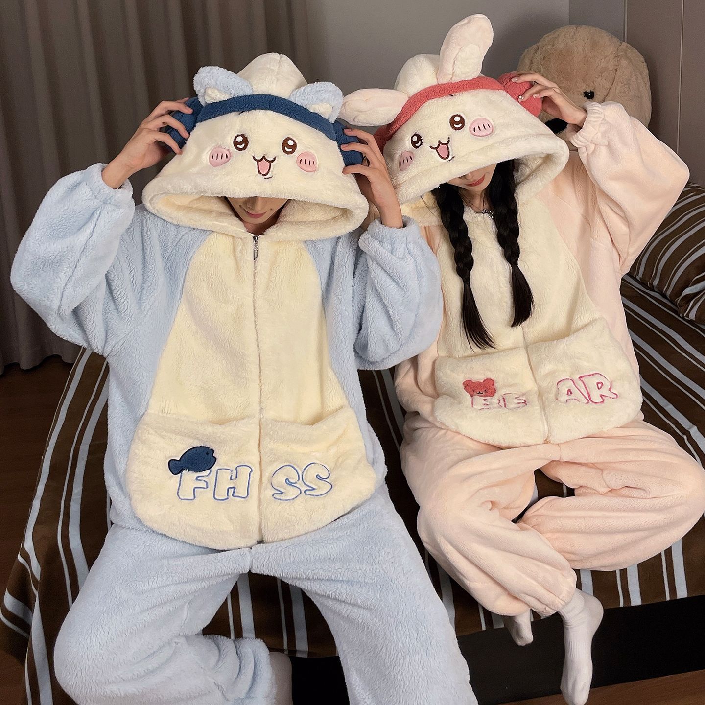 Couple One-Piece Jiyikawa Pajamas Winter Coral Velvet Fleece-Lined Thickeneded Flannel Autumn and Winter Home Wear Set