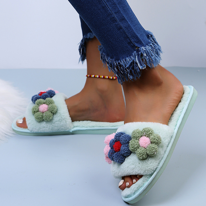 Flat-Bottomed Colorful Flowers Furry Slippers NSKJX104840