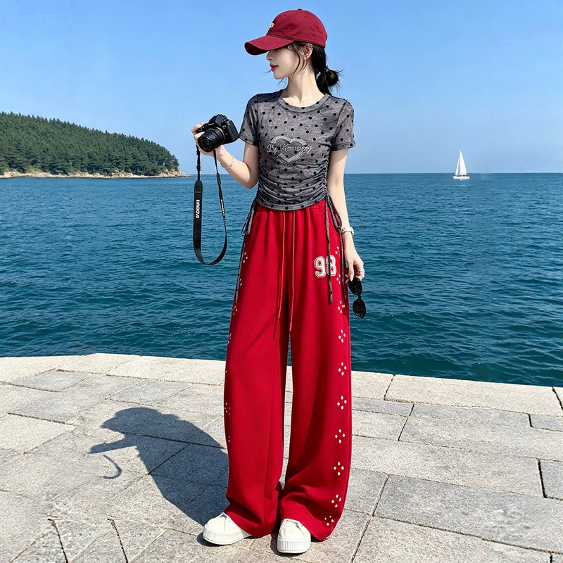 Hot Girl Polka Dot Mesh Drawstring Short-Sleeved Casual Sports Suit for Women Summer Jazz Dance Wide-Leg Sickle Pants Two-Piece Set