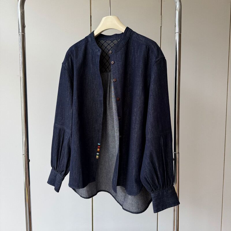 Hand-sewn, autumnal atmosphere! Hemp + cotton round-neck multi-button lightweight loose-fitting slimming long-sleeve women's shirt Hand-sewn, autumnal atmosphere! Hemp + cotton round-neck multi-button lightweight loose-fitting slimming long-sleeve women's shirt