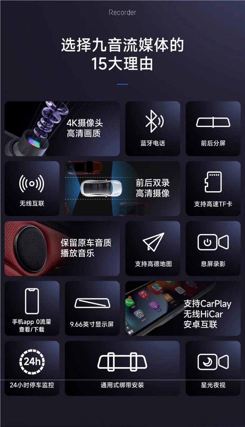 Jiuyin Car Carplay Streaming Rearview Mirror Driving Recorder 2025 New Model Suitable for Huawei Hicar