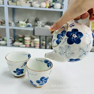 ·高温釉下彩复古蓝绘日式古染花茶壶茶具套组