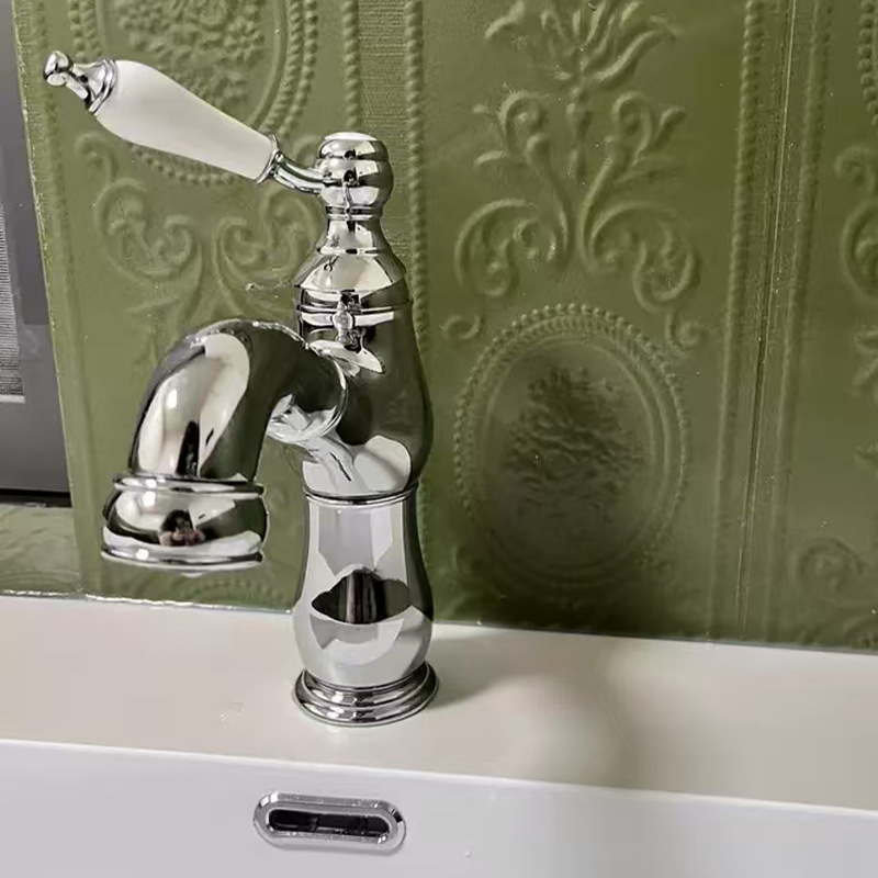 French Retro All-Copper Pull-Out Faucet Brass Chrome-Plated Basin Bathroom Cabinet Faucet Gold and Silver Ceramic Handle