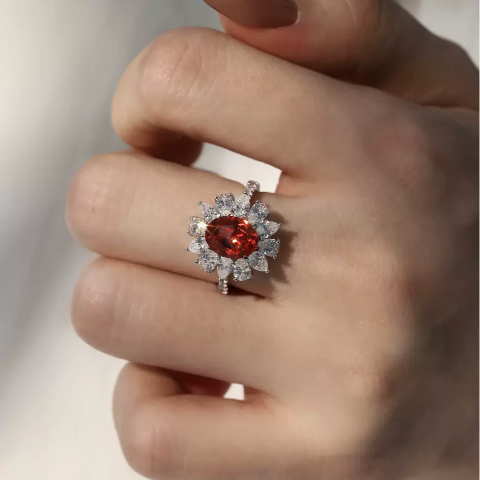 3克拉帕帕拉恰培育宝石戒指莲花豪镶经典气质彩高级蓝宝石指环红