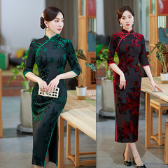 老上海復古民族風中老年女士長款七分袖旗袍2023春秋新款宴會旗袍